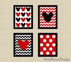 four mickey mouse wall hangings with red and black chevroned designs on them