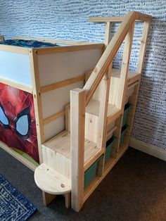 Ikea kura bed made with ikea trofast drawers to make a staircase #ikea #kura #trofast #kidsroom Kura Bed And Trofast, Trofast Book Storage, Ikea Kura Stairs, Ikea Kura And Trofast Bed Hack, Ikea Kura Trofast Hack, Kura Ikea Bed, Diy Kura Bed, Trofast Stairs, Kura Bed Ideas For Boys