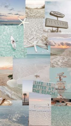 there is a collage of pictures with the ocean and beach in different places to describe