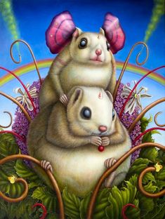 a painting of two mice sitting on top of each other