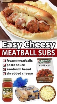 an advertisement for meatball subs on a plate with cheese and bread in the background