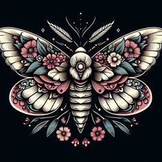 a butterfly with flowers and leaves on it's wings, in the shape of a flower