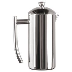 a stainless steel french press coffee pot with handle and lid on an isolated white background