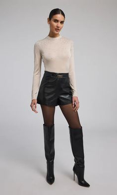 Generation Love Danny Belted Vegan Leather Shorts in Black - Estilo Boutique Black Leather Shorts, Button Style, Shank Button, Leather Shorts, Dress Pant, Sweater Blouse, New Set, Jacket Sale, Skirts For Sale