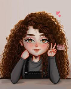 a drawing of a girl with long curly hair holding her hand up in front of her face