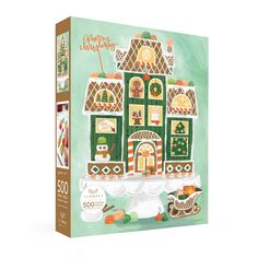 the christmas gingerbread house puzzle is shown in front of a white background with green and orange accents