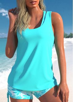 Color:Cyan;Size:S;Size:M;Size:L;Size:XL;Size:XXL;Bra Style:Padded;Support:Wire Free;Pad Style:Removable;Strap Style:Adjustable;Package Contents:1 X Top , 1 X Bra , 1 X Shorts;Occasion:Sport; Tankini With Shorts, Blue Outfits, High Waisted Tankini, Swimsuit With Shorts, Trendy Swimsuits, Printed Tankini, Tankini Swimsuit, Dress Stores Online, Lovely Tops