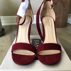 Brand New, Never Worn. 4-Inch Heels. Trendy Wrapped Wedge Heel Block Heels, Trendy Block Wedge Heels With Wrapped Heel, Burgundy Synthetic High Heels, Burgundy Platform Heels With Block Heel, Burgundy Block Heel Platform Shoes, Burgundy High Heel Shoes Medium Width, Burgundy Block Heel Heels For Spring, Burgundy Block Heels For Spring, Spring Burgundy Block Heel Heels