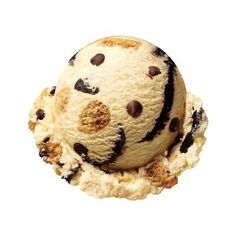 a scoop of ice cream with chocolate chip cookies on it's top, in front of a white background