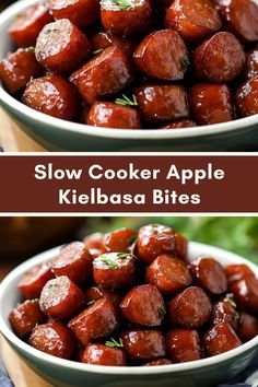 two bowls filled with slow cooker apple kielbasa bites