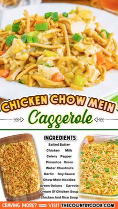 Every bite of this creamy, crunchy Chicken Chow Mein Casserole will dazzle your tastebuds as it combines all your favorite Chinese chow mein flavors in an easy casserole! Chicken Chow Mein Casserole, Chow Mein Casserole, Baked Chicken And Veggies, Chinese Chow Mein, Crunchy Chicken, Bariatric Sleeve, Chicken Chow Mein, Chow Mein Noodles, Chinese Cooking Recipes