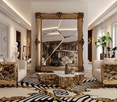 a living room filled with furniture and a large mirror over the top of a coffee table