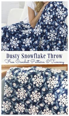 a crocheted blanket with snowflakes on it and the text, dusty snowflake throw free crochet pattern