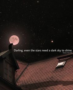 a night sky with the moon and stars in the distance, as well as an image of a person standing on top of a roof