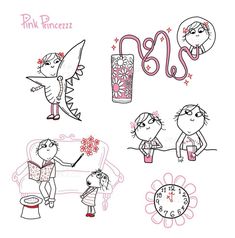 the pink princesses are drawn in different styles and colors, including one with a clock