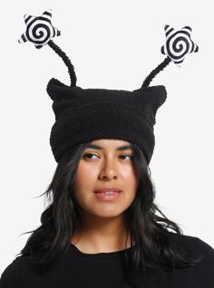 We're seeing stars! This fuzzy  black beanie has subtle ear detailing  plus adjustable antenna with plush spiral star ends.100% acrylicImported Adjustable Black Hat With Ears, Black One Size Cat Ears Hat, Trendy Adjustable Winter Costume Hats And Headpieces, Black Novelty Beanie For Winter, Black Novelty Beanie One Size Fits Most, Black Novelty Beanie, Novelty Black Beanie, One Size Fits Most, Black Beanie Costume Hat For Winter, Black Beanie For Winter - Costume Hat