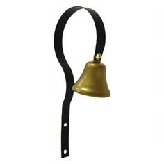 a brass bell hanging from the side of a metal hook on a white wall with a black ribbon around it