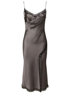 Fixed spaghetti straps. Lace trim. Front slit. Model is wearing a size38 Grey Midi Dress, Grey Beige, Lace Midi, Alberta Ferretti, Lace Midi Dress, Shearling Jacket, Grey Women, Gray Dress, Swimwear Tops