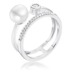 LOVCIA Elegant Rhodium Plated Double Band Ring with .15Ct CZ and Freshwater Pearl Double Band Ring, Double Band Rings, Cushion Cut Engagement Ring, Cubic Zirconia Rings, Brass Jewelry, Minimalist Rings, Classic Ring, Crystal Rings, Silver Pearls