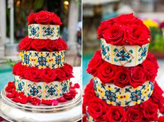 a multi - tiered cake decorated with red roses