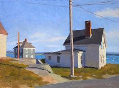 an oil painting of two houses by the ocean with power lines in the foreground