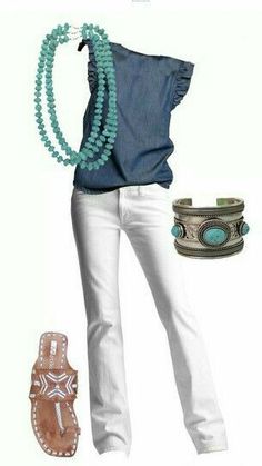 Mode Casual, Denim Blouse, Sleeve Tattoo, Trend Fashion, Inspired Outfits, Fashion Mode, White Pants, Outfit Casual, Summer Wear