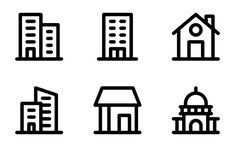 black and white buildings icon set