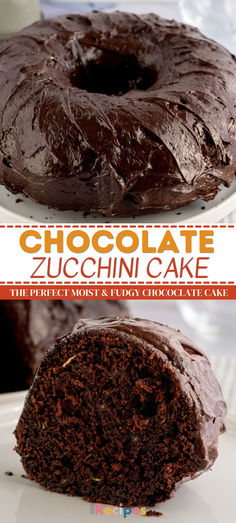 chocolate zucchini cake on a white plate with text overlay