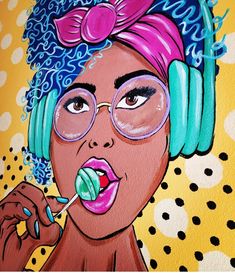 a painting of a woman wearing headphones and holding a toothbrush in her mouth