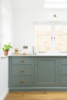 the kitchen is painted in blue and white