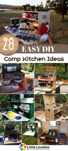 an outdoor camp kitchen made out of wood and metal with text overlay that reads 28 easy diy camp kitchen ideas