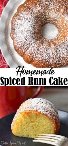 homemade spiced rum cake with powdered sugar on top and in the foreground