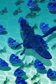 an image of a group of fish swimming in the water with blue algae around them