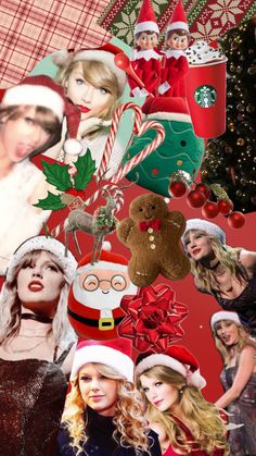 the collage has many pictures of people dressed up in christmas hats and costumes, including santa