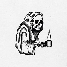 a drawing of a skeleton holding a coffee cup