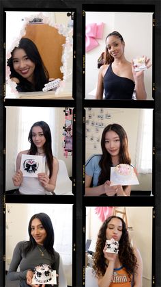 a series of photos showing different women holding cakes and posing for the camera with their hands