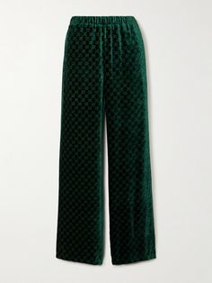 Gucci's track pants are made from emerald devoré-velvet featuring the 'GG' monogram throughout, which creates such beautiful textural contrast. They have a comfortable elasticated waistband and are blended with touches of silk that ensures a beautiful drape through the wide legs. Wear them with the matching robe for a coordinated look. Matching Robes, Gucci Outfits, Beautiful Drapes, Wide Legs, Net A Porter, Women Collection, Track Pants, Porter, Emerald