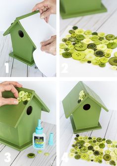 the steps to make a birdhouse out of buttons