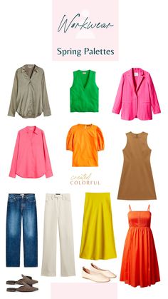 Spring Colour Clothes, Clear Spring Work Outfits, Clear Spring Neutrals, Bright Spring Work Outfits, Spring Color Pallete Outfits, True Spring Color Palette Outfits Capsule Wardrobe, Bright Spring Palette Outfits, Spring Color Analysis Outfits, Hoc Spring Color Outfits