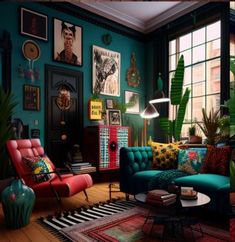 a living room filled with lots of colorful furniture