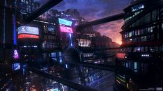 a futuristic city at night with neon lights