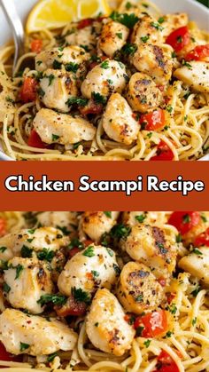 chicken scampi recipe in a white bowl with lemon wedges