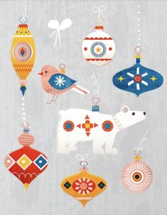 an image of christmas ornaments hanging from the ceiling with animals and birds on them in different colors