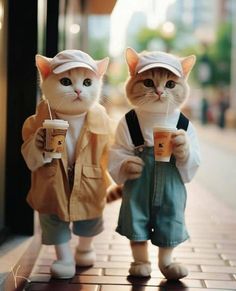 two cats dressed in clothes and hats are walking down the street with coffee cups on their feet