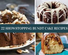 four different cakes with white frosting and chocolate toppings on them, including one bundt cake