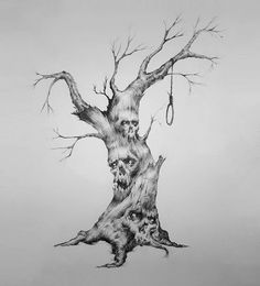 a pencil drawing of a tree with skulls on it's trunk and branches hanging down