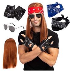 a man with long red hair wearing sunglasses and bandana, holding his hands up