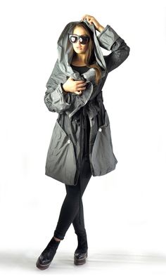 "Taffeta Jacket, Women Raincoat, Hooded Jacket Extravagant and original rain coat. Soft taffeta oversize casual rain coat. Romantic and casual raincoat. French style trench coat. Very elegant and easy to wear. Gentle and beautiful taffeta. The raincoat is absolutely amazing and design garment! With this coat you will look absolutely original and unique! You can order it in different colors! Model size:SIZE M (US 10, UK 14, Italian 44, French 42, German 40, Japan 11) bust: fits bust around 37.5\" Women Raincoat, Trenchcoat Style, Oversize Jacket, Green Raincoat, Black Cotton Dresses, Asymmetric Jacket, Yellow Raincoat, Trench Coat Style, Hooded Raincoat