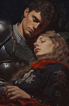 a painting of a man and woman in armor