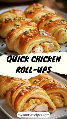 chicken roll - ups on a white plate with the words quick chicken roll - ups